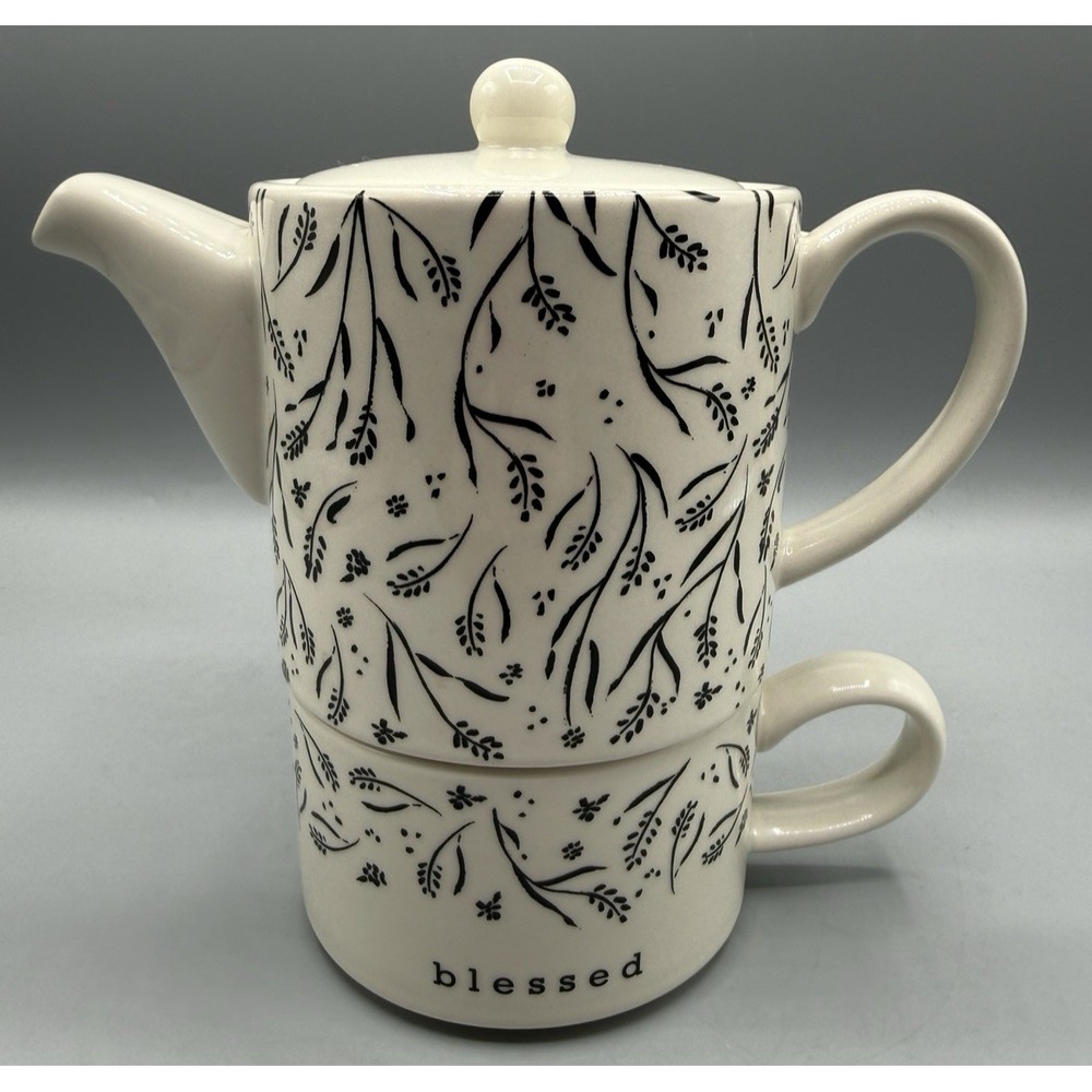 Clay Art Ceramic Ivory w/Black Flowers & Leaves Tea Pot And Mug Set for One